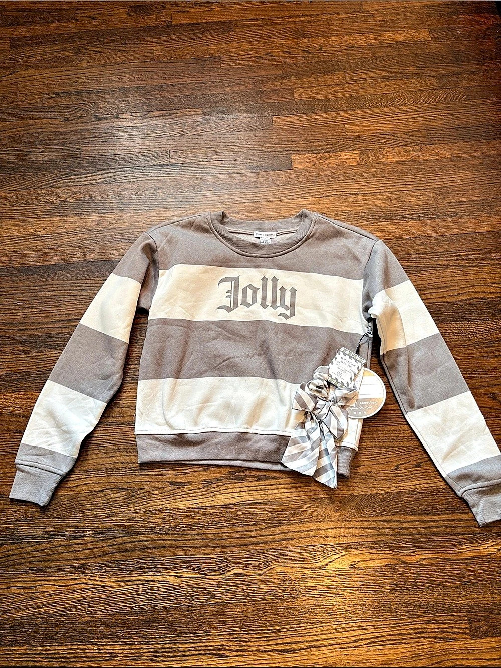 better / together Jolly Striped Sweatshirt with Scrunchie Bow Tie Gray & White